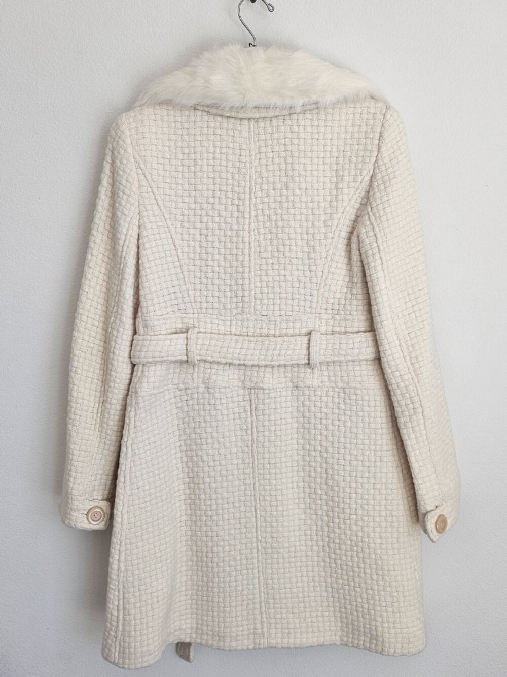 Marciano Cream Wool Blend Belted Coat Faux Fur Collar M - Picture 3 of 13